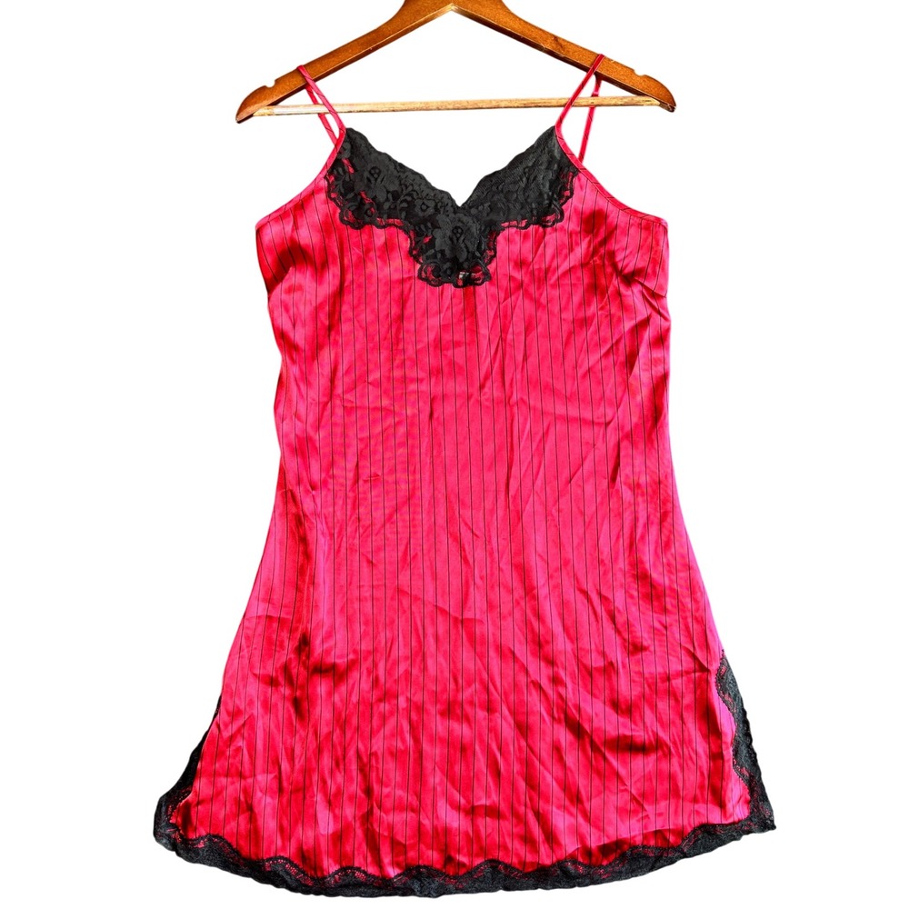 Womens Chemise Slip Dress S Red Satin Pinstripe Lace Trim Vampy Y2K Romance Goth
